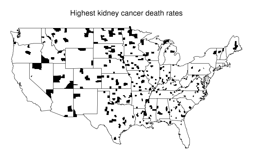 A map of the USA with counties with the highest raw kidney cancer death rates colored in black.
