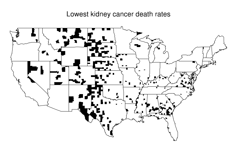A map of the USA with counties with the lowest raw kidney cancer death rates colored in black.